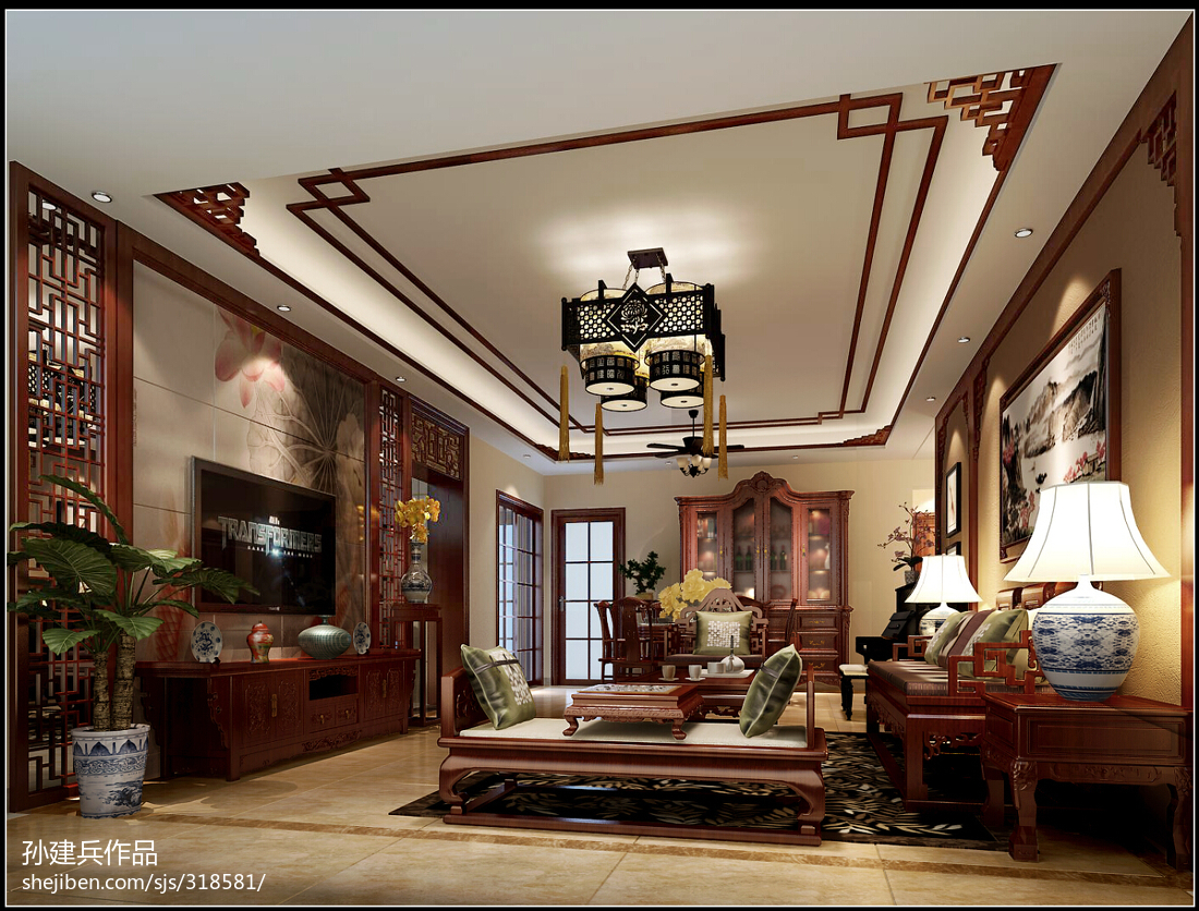 紫园B区6A栋中式客厅电视柜与吊顶装修效果图赏析（2013经典设计）